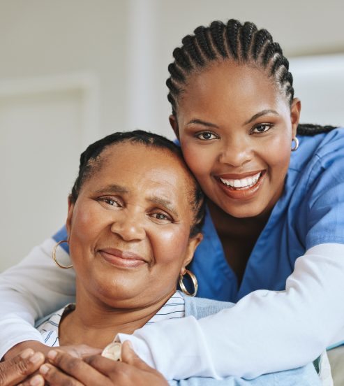 Senior patient, nurse woman and hug portrait for support, healthcare and happiness at retirement home. Face of black person and caregiver together for elderly care and help for health and wellness.